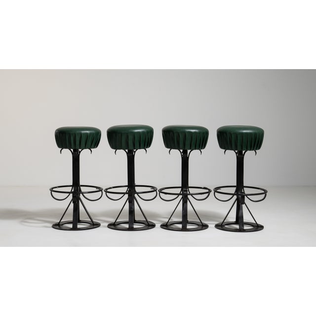1970s Set of Four Bar Stools with Wrought Iron Bases For Sale - Image 9 of 16