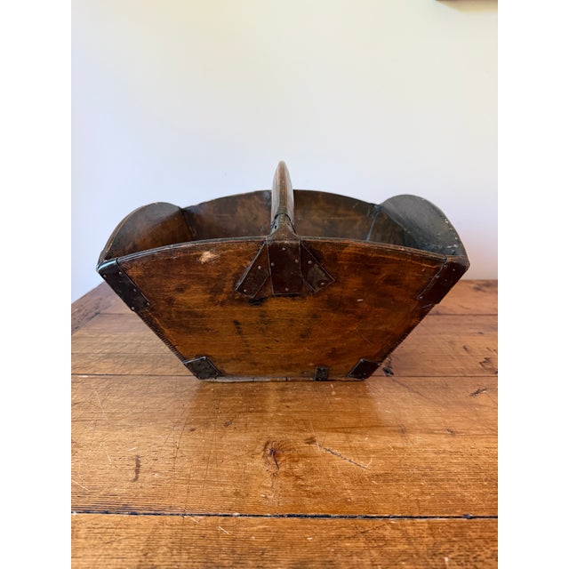 Primitive Antique Chinese Rice Measure Bucket "Dou" with Metal Hardware & Wood "Dovetail" Joints. Handpainted characters...