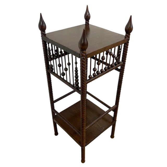 Wood Vintage Barley Twist Wood Plant Stand / Side Table With Turned Spindle Gallery and Finials For Sale - Image 7 of 10