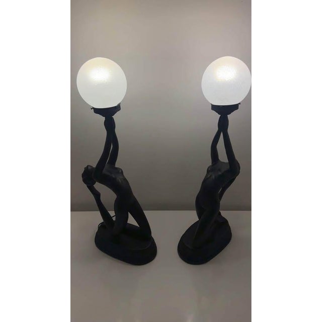 1980s Pair of Neo-Art Deco Nude Lady Figurine Lamps From the For Sale - Image 4 of 10