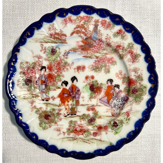 Early 20th Century 1920’s Antique Japanese Chinoiserie Hand Painted Traditional Geisha Girl & Pagoda Plates & Small Bowls - A 17 Piece Set For Sale - Image 5 of 12