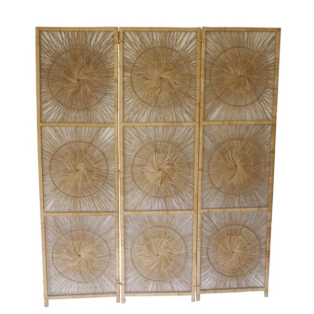 Vintage Bohemian Wicker Rattan Sunburst Folding Screen 3 Panel Room
