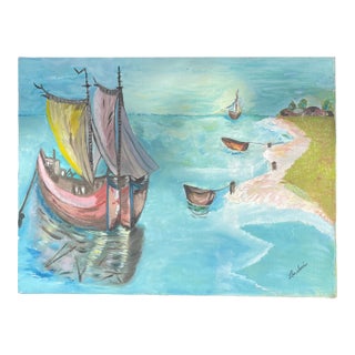 Vintage Coastal Acrylic Painting of Sailboat Seascape on Canvas, Nautical Beach Scene, Signed Original Art For Sale