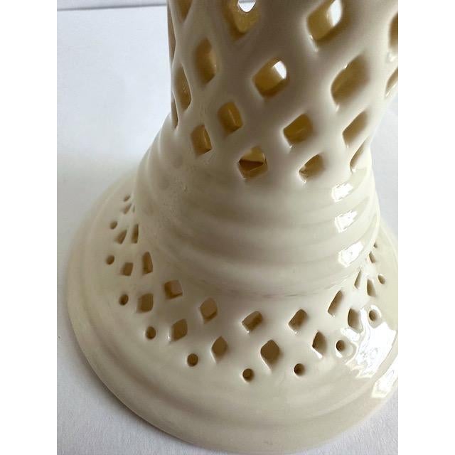 Vintage Pair of Porcelain Candlesticks in Pierced Creamware Style For Sale - Image 4 of 6