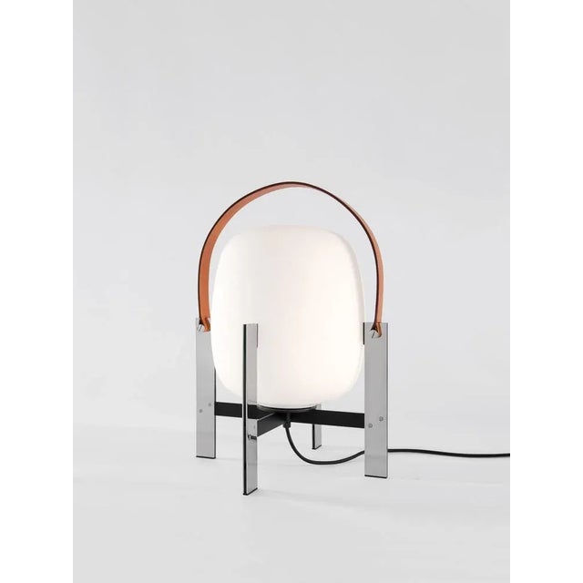 Contemporary Cesta Metálica with Leather Handle Table Lamp by Miguel Milá For Sale - Image 3 of 11