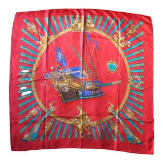 Hermes France Carre 90 La Marine a Rames Rowing Navy Red Silk Scarf For Sale