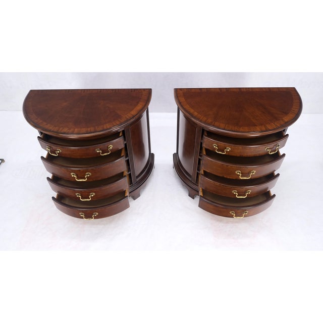 Pair of 4 Drawer Banded Top Demi Lune Consoles Dressers Brass Drop Pulls MINT! For Sale - Image 16 of 16