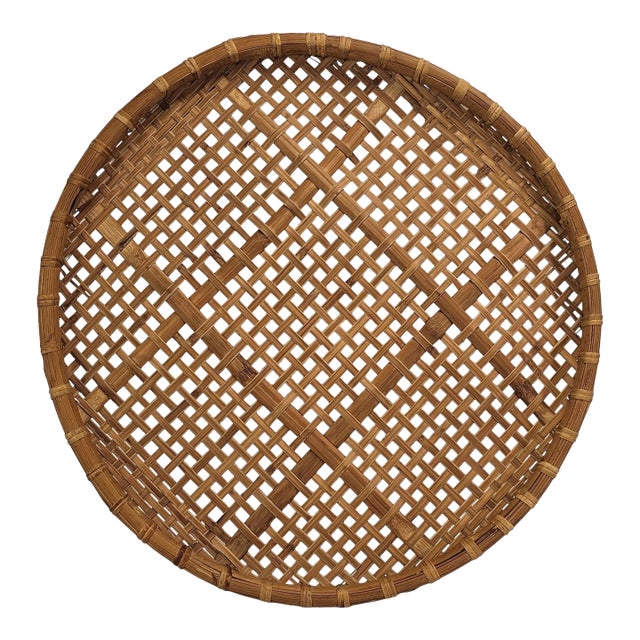 Asian Rattan Wicker Bamboo Round Basket For Sale