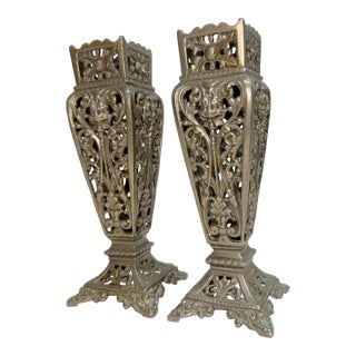 Pair of Antique Victorian Reticulated Open Worked Nickel Plated Brass Vases For Sale