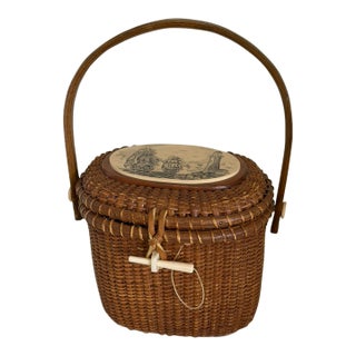 Vintage 1978 Farnum Lightship Basket With Coastal Ivoryite Scrimshaw For Sale