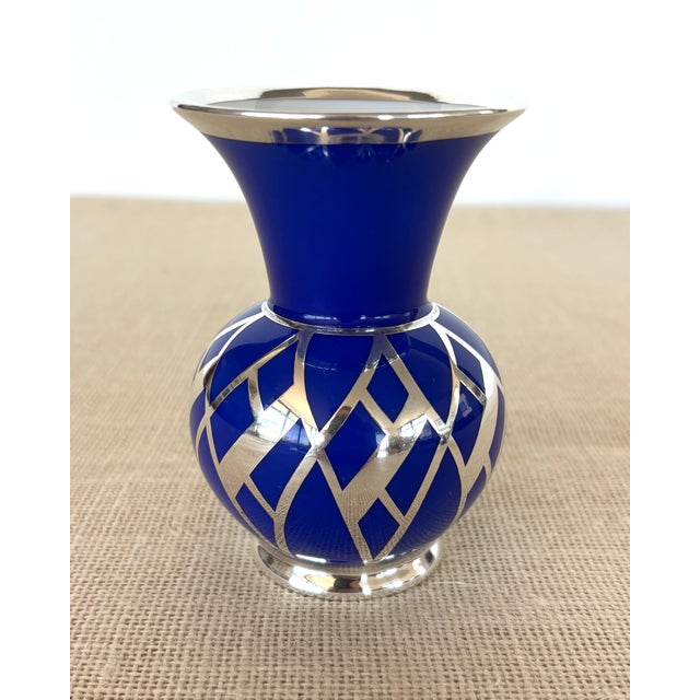1930s Vintage Art Deco Weimar Porcelain Cobalt Blue Silver Overlay Small Bottle Vase For Sale - Image 5 of 9