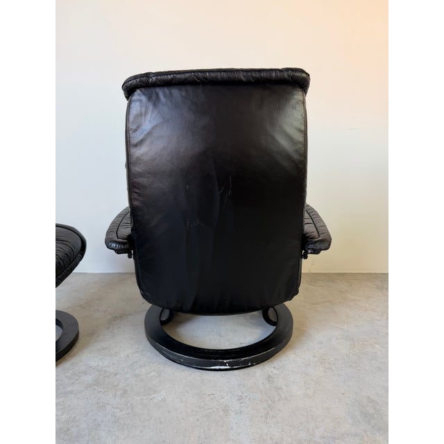 Vintage Norwegian Ekornes Stressless Black Leather Recliner Lounge Chair With Ottoman For Sale - Image 10 of 12