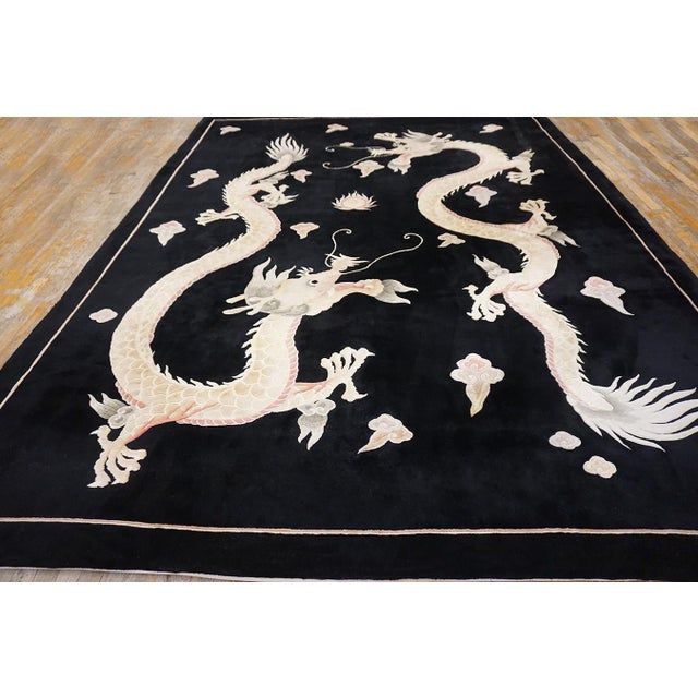 1980s Black Dragon Vintage Chinese Peking Rug 9'x 12' Handknotted Wool Carpet For Sale - Image 17 of 18