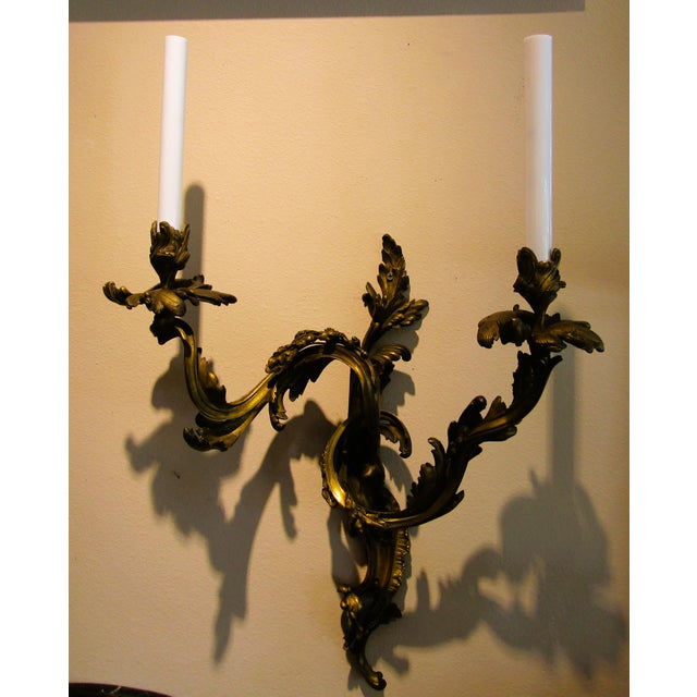 Late 19th Century Antique Pair French 19th Century Louis XV Gilt Bronze Two Light Wall Sconces For Sale - Image 5 of 18