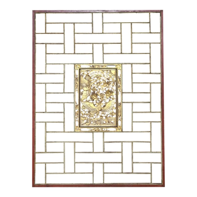 Late 19th Century Antique Hand Carved Gilt Chinese Figural Red Lacquered Wood Panel Green Accents For Sale