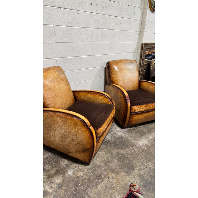 Art Deco Art Deco Style Leather & Velvet Club Chairs - A Pair For Sale - Image 3 of 10