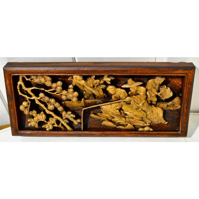 Wood Antique Chinese Carved Teak Fiqural Plaque W/Gold For Sale - Image 7 of 12