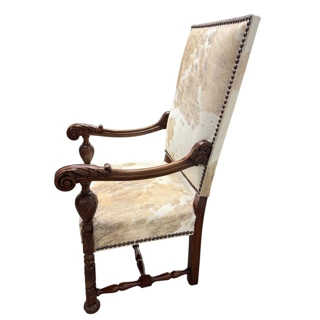 Baroque Antique French Baroque Carved Wood Animal Hide Throne Chair For Sale - Image 3 of 17