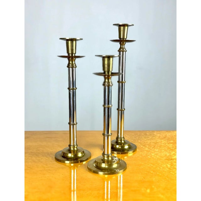 Maitland - Smith Vintage Maitland Smith Style Chrome and Brass Faux Bamboo Candlestick Holders—set of 3 For Sale - Image 4 of 8