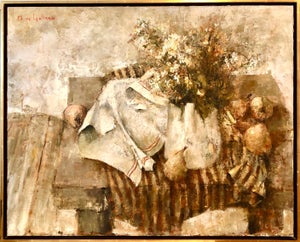 Michel De Gallard, Expressionist School of Paris Oil Painting Still Life with Pear and Flowers, mid 20th C