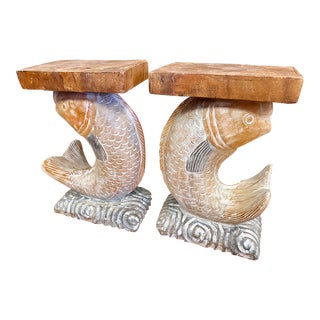 Pair of Mid Century Hand Carved Wood Fish Side Tables For Sale