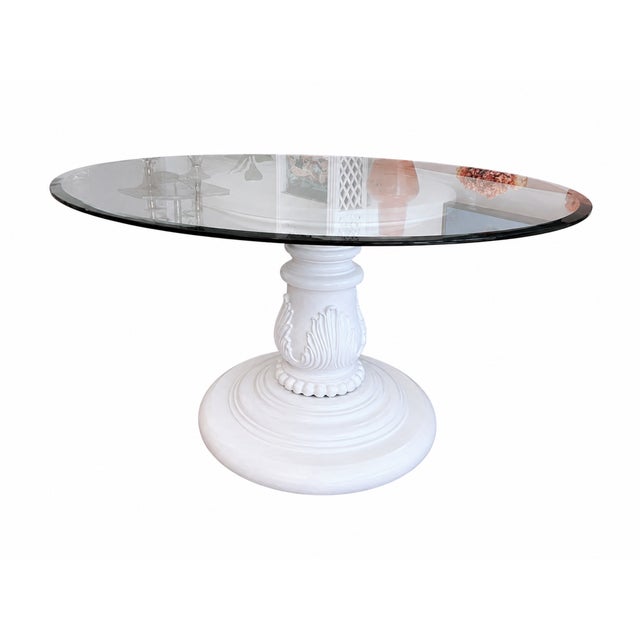 Mid-Century Modern Vintage Carved Wood Pedestal Table With 54" Beveled Glass Top For Sale - Image 3 of 6