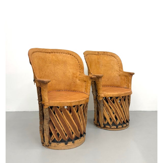 Mexican Vintage Mexican Leather & Wood Equipales Armchairs - A Pair For Sale - Image 3 of 8