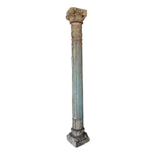 Pair of Hand Carved Reclaimed Teak Pillars With Stone Base | 8.5ft Tall Antique Indian Haveli Columns |Distressed Blue Architectural Salvage For Sale