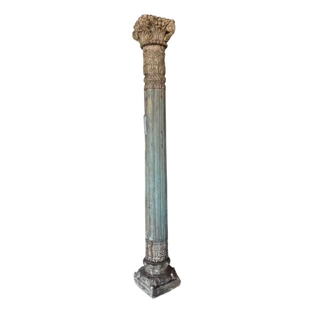 Pair of Hand Carved Reclaimed Teak Pillars With Stone Base | 8.5ft Tall Antique Indian Haveli Columns |Distressed Blue Architectural Salvage For Sale
