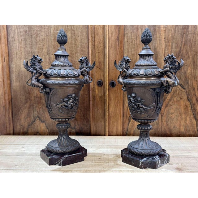 Napoleon III Covered Vases in Spelter with Marble Bases, Set of 2 For Sale - Image 5 of 13