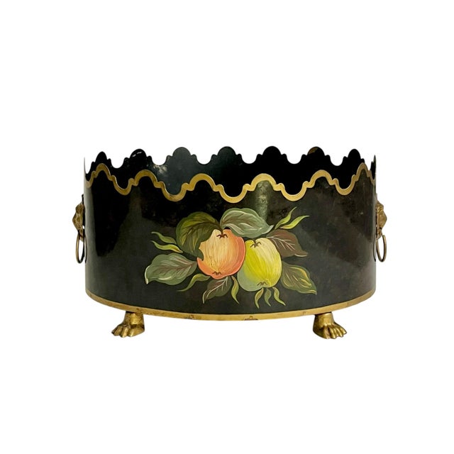 French Provincial Maison Lancel Vintage French Black Tole Cachepot With Hand-Painted Fruit and Gilt Scalloped Rim Lion Head Ring Handles For Sale - Image 3 of 17