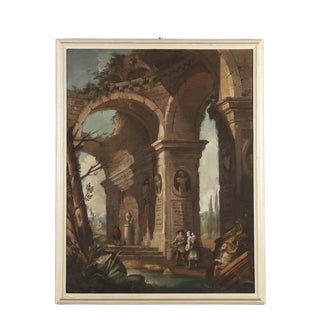 Emilian School, Architectural Capriccio with Figures, 18th Century, Oil on Canvas For Sale