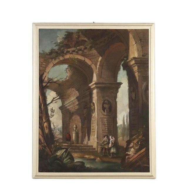 Emilian School, Architectural Capriccio with Figures, 18th Century, Oil on Canvas For Sale