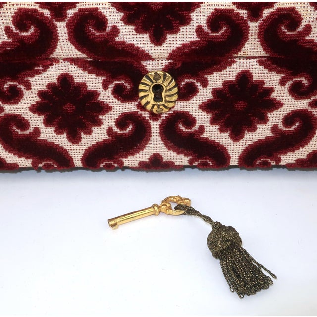 Baroque Vintage Italian Leather & Ruby Red Cut Velvet Jewelry Box For Sale - Image 3 of 15