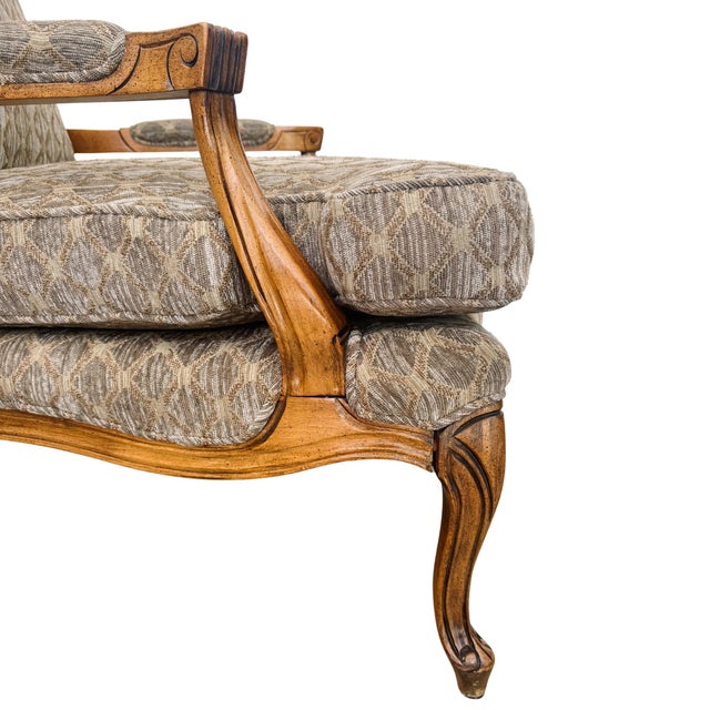 Greige Late 20th Century French Provincial Bergère Chair and Matching Ottoman Set For Sale - Image 8 of 16