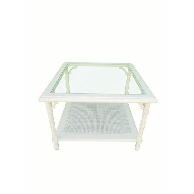 1970s Vintage Faux Bamboo Regency Oversized White Glass Top Cane Bottom Shelf Square Side Coffee Tables- a Pair For Sale - Image 5 of 11