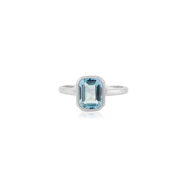 Modern Classic Octagon Cut Blue Topaz Silver Stackable Ring in Bezel Setting - Size 8.5 For Sale - Image 3 of 9