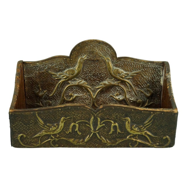 Hand-Embossed Copper Letter Box with Bas-Relief of Birds in Wood, 19th Century For Sale
