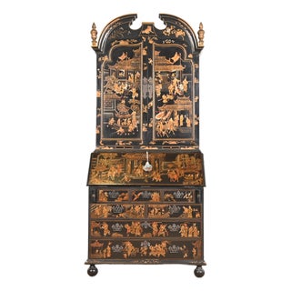 Baker Furniture Style Georgian Chinoiserie Black Lacquered Hand-Painted Drop Front Secretary Desk For Sale