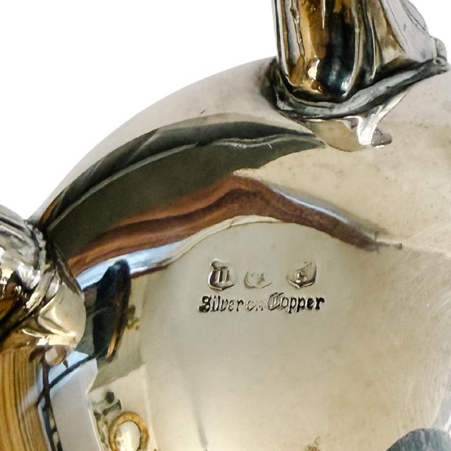 Vintage Silver on Copper Footed Water Pitcher With Lion’s Paw Feet & Scroll Handle For Sale - Image 9 of 9