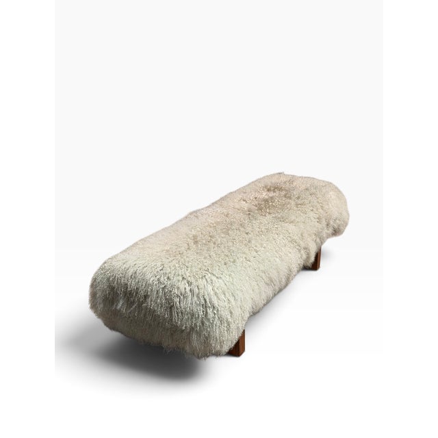 CB2 Mid Century Modern Sheepskin Upholstered Bench For Sale - Image 4 of 5