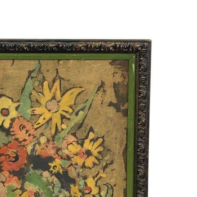 Vintage Signed Floral Still Life Mixed Media Painting on Textured Board in Ornate Frame Possible Batik Print. For Sale - Image 4 of 10