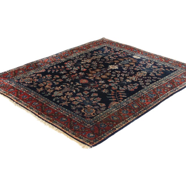 78763 Antique Navy Blue Persian Mohajeran Sarouk Rug, 03'03 x 03'10. Persian Mohajeran Sarouk rugs are exquisite handwoven...