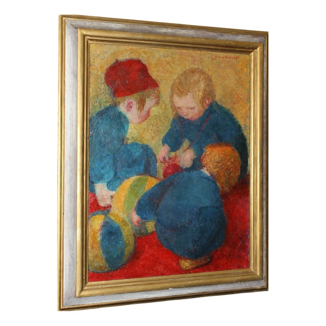 Vilma Vrbova-Kotrbova, Children with Balloons, 1961, Oil on Canvas, Framed For Sale