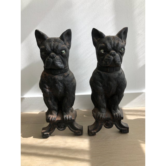 Early 20th Century Cast Iron French Bulldog Fireplace Andirons Set of