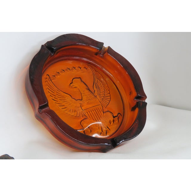 Tiara Embossed American Eagle Amber Art Glass Large Ashtray 4677b For Sale - Image 4 of 17
