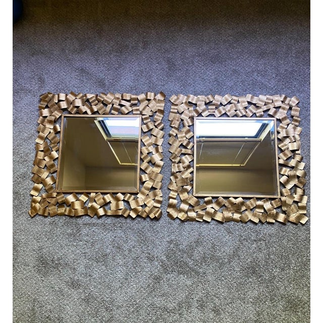 Gold Contemporary Gold-Tone Messed Metal Wall Mirror 2 Modern Capulin Mirrors, Horchow Style- Set of 2 For Sale - Image 8 of 8