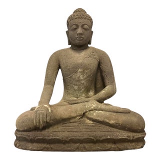 1950s Mid Century Buddha Sitting Seated Stone Hand Carved Meditation Statue Antique Vintage For Sale