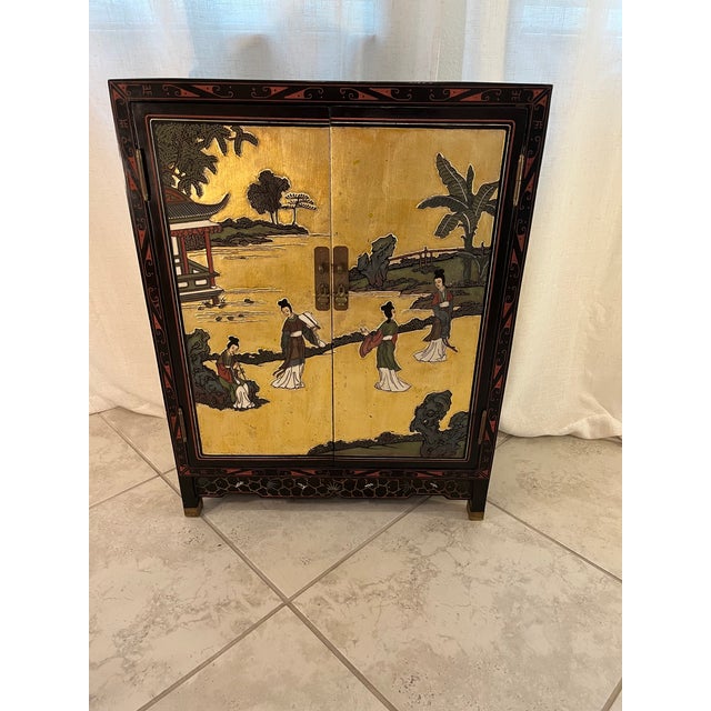 Gold Vintage Mid-Century Chinese Black and Gold Lacquer Cabinet With Mother of Pearl Inlays For Sale - Image 8 of 18