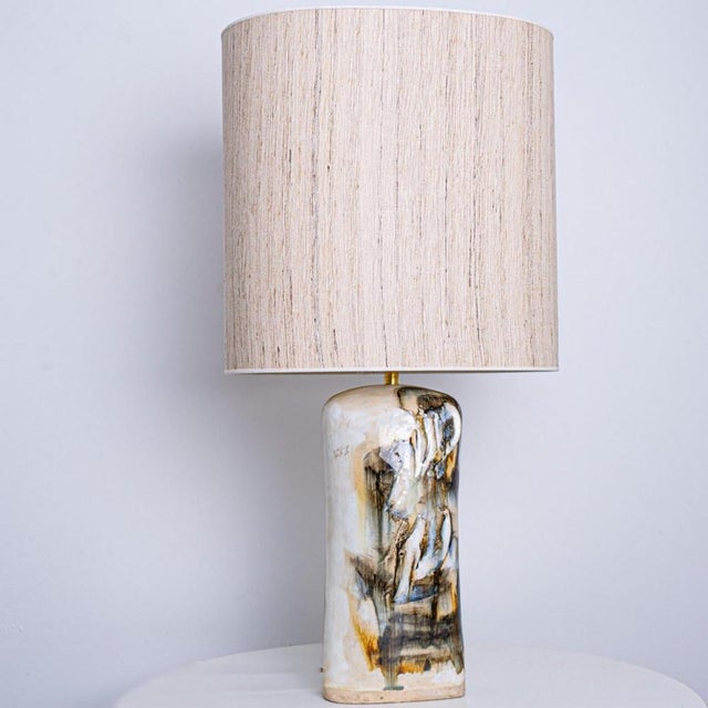 Beautiful floor table lamp by Jeppe Hagendorn, Denmark 1960s. This stunning lamp has a ceramic base with earthy and blue...